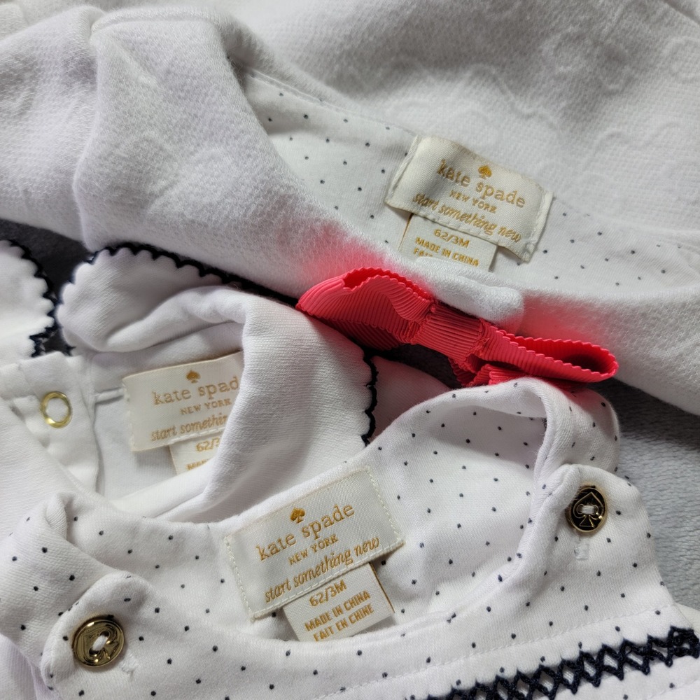 Kate Spade New York Baby Girls 3 Piece Set White Polka Dot 3M Cardigan Romper - Picture 7 of 8